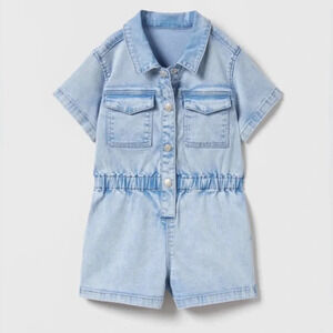 Zara Kids Denim Utility Romper playsuit toddler girl buttons pockets light wash